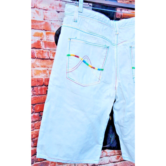 White Light Denim 5 Pocket Shorts W/Rainbow Colored Stitching & Drawstrings - Picture 11 of 11